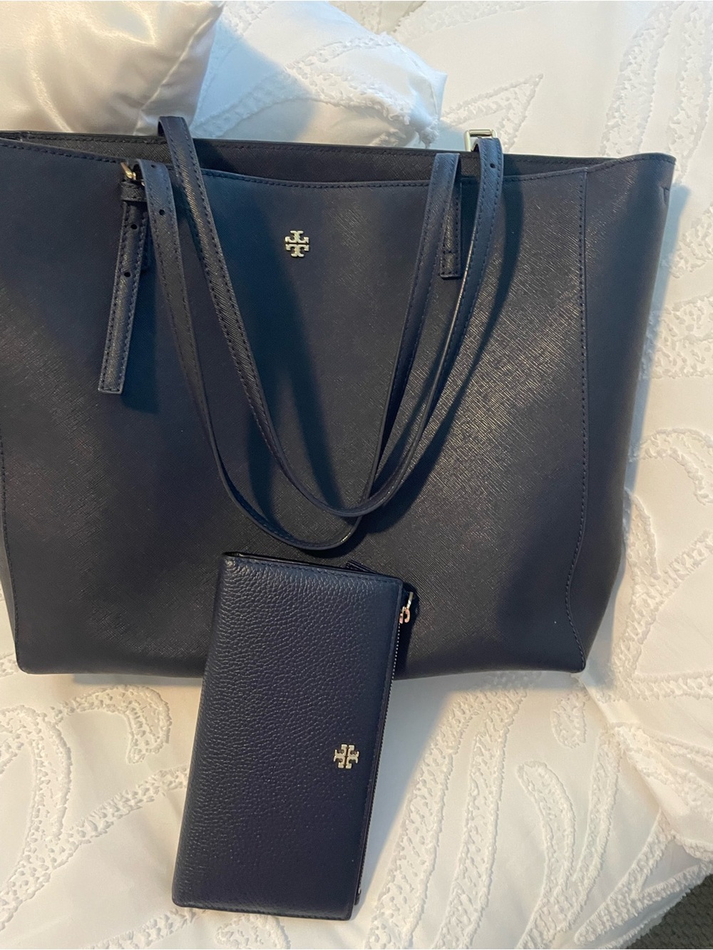 Tory Burch Navy Leather Tote with Zip Wallet Set
